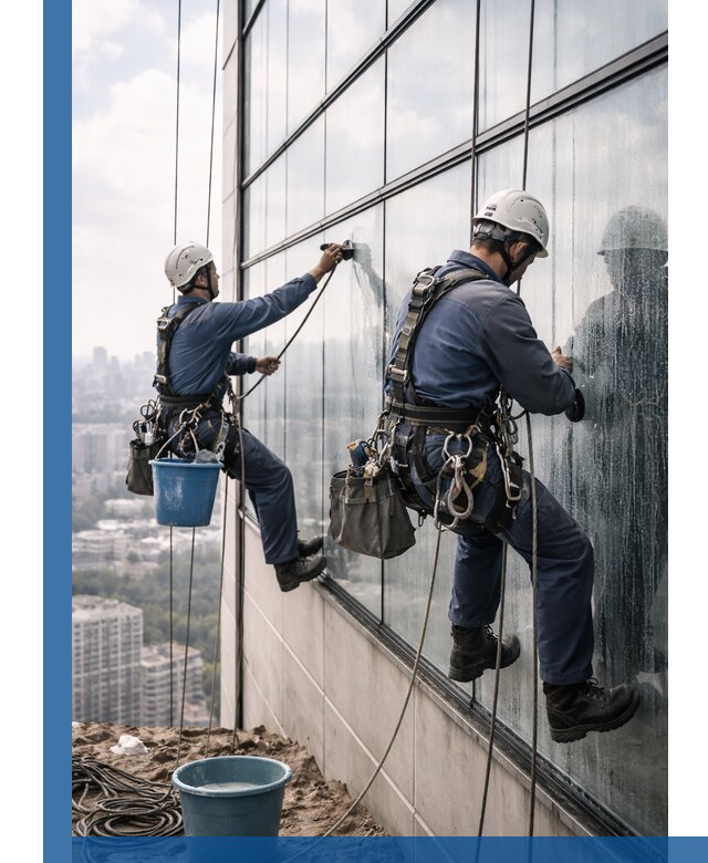 Профессиональная мойка фасадных окон альпинистами в Москве