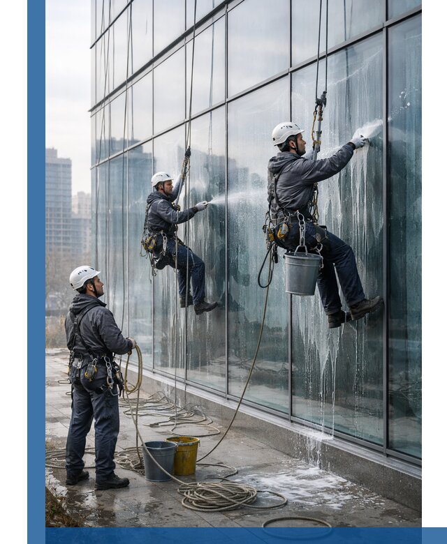 Промышленная мойка панорамных окон на высоте в Москве