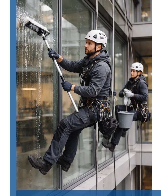 Профессиональная мойка витражей промышленными альпинистами в Москве