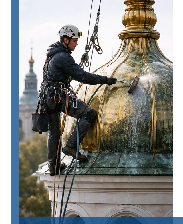 Профессиональная мойка куполов и шпилей высотными альпинистами в Москве
