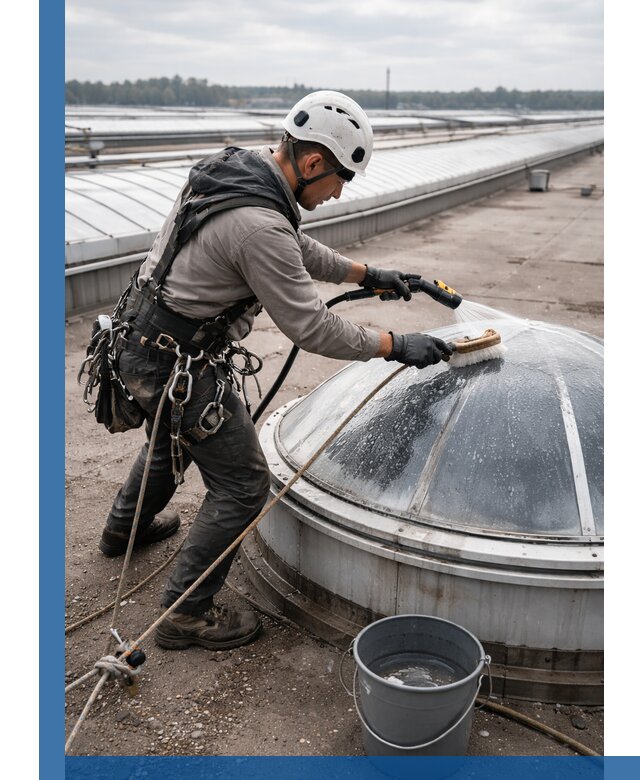 Мойка зенитных фонарей на кровле для промышленных объектов в Москве