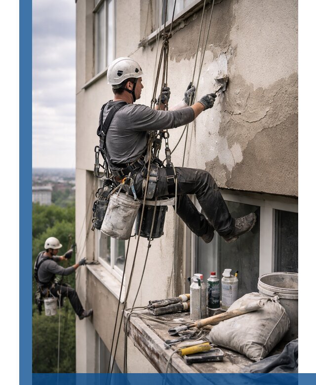 Косметический ремонт фасада зданий в Москве промышленными альпинистами