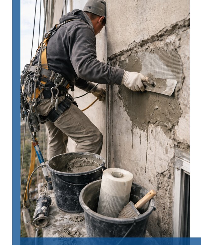 Ремонт бетонных элементов фасада промышленными альпинистами в Москве