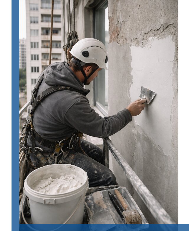 Шпаклевка фасадов на высоте с промальпинистами в Москве