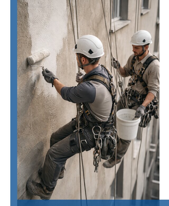 Грунтовка фасада на высоте в Москве промышленными альпинистами