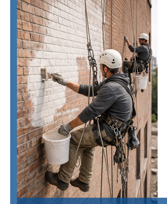 Покраска кирпичного фасада с доступным альпинистским сервисом в Москве