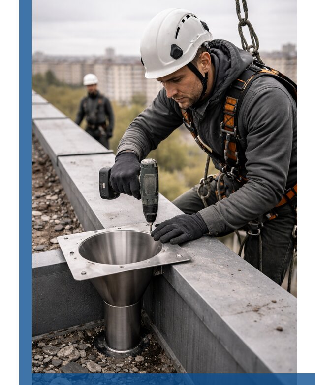 Монтаж водосточных воронок в Москве для промышленных зданий