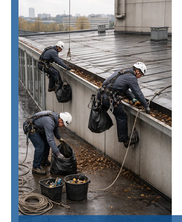 Очистка кровли по периметру в Москве силами промышленных альпинистов