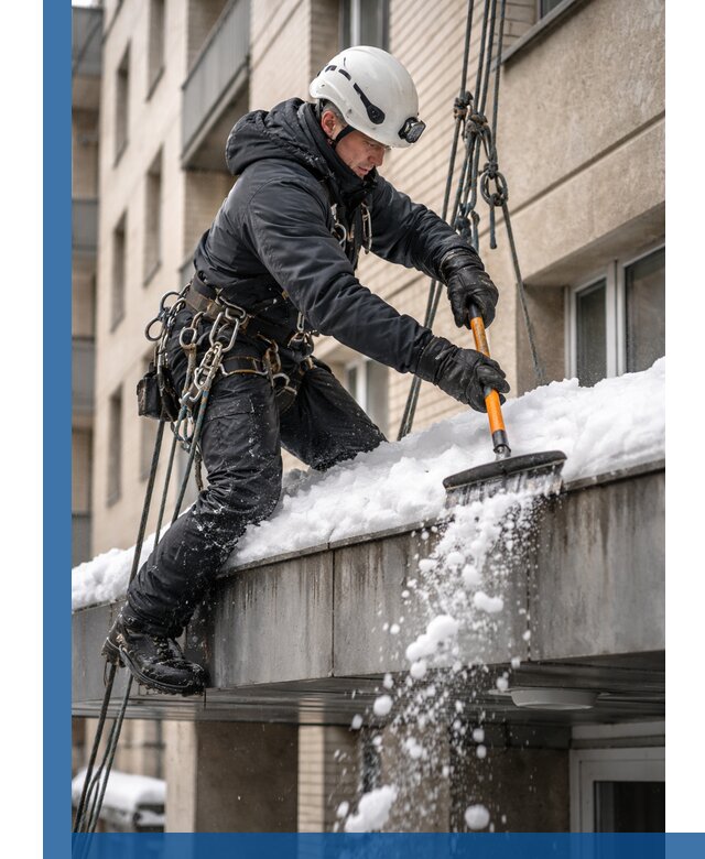Очистка козырьков от снега в Москве круглогодично безопасно