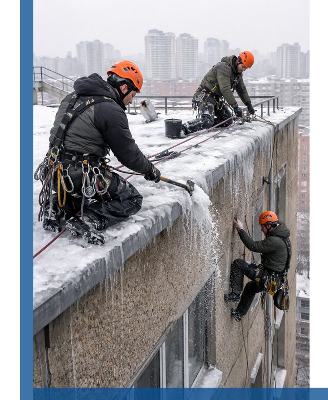 Удаление наледи с кровли в Москве промышленными альпинистами