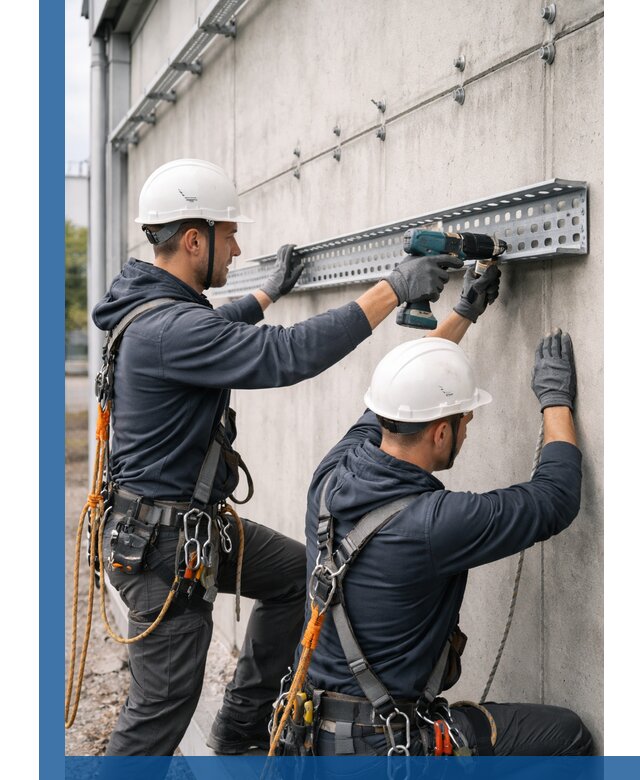 Монтаж кабельных лотков на фасаде зданий в Москве с гарантией