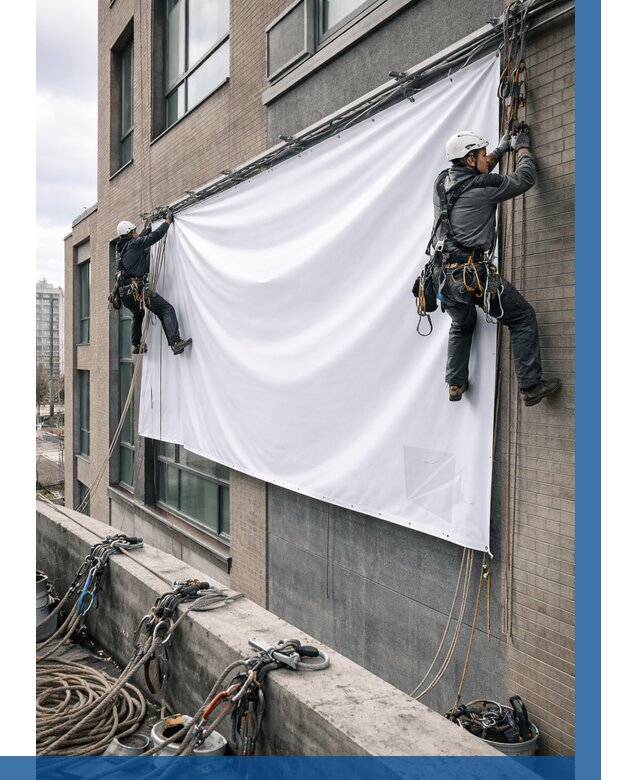 Монтаж баннеров на фасаде в Москве от 663 р. заказать ВЫСОТНИКМск