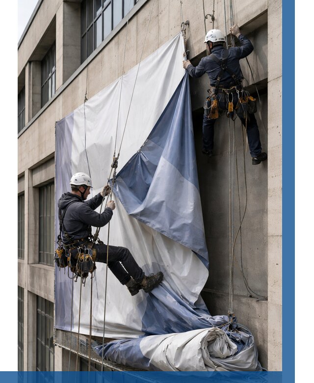 Демонтаж баннеров с фасада в Москве от 4591 р. | ВЫСОТНИКМск