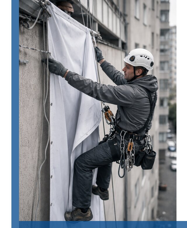 Замена баннерного полотна промышленными альпинистами в Москве