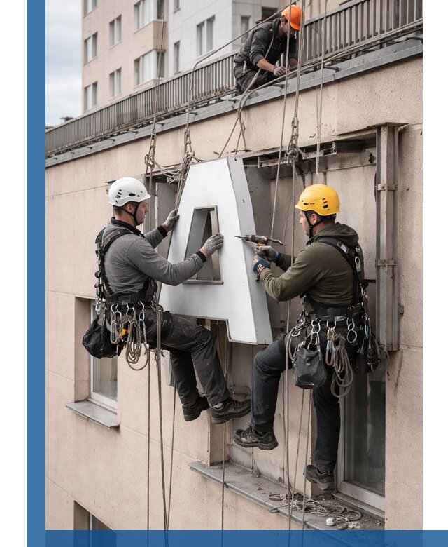 Ремонт и восстановление наружных вывесок на высоте в Москве