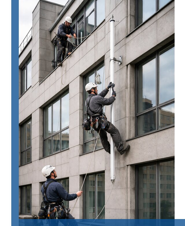 Монтаж флагштока на фасаде здания с креплением и герметикой в Москве