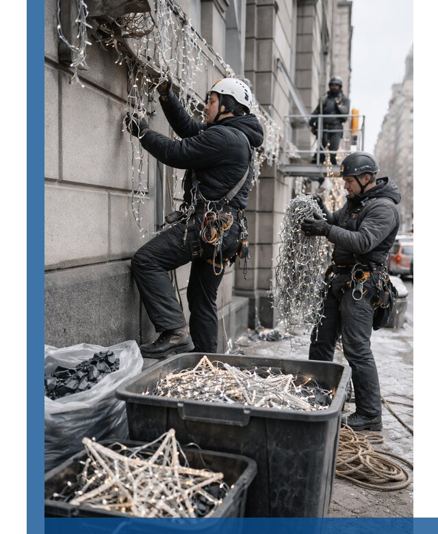 Демонтаж новогоднего оформления и гирлянд в Москве