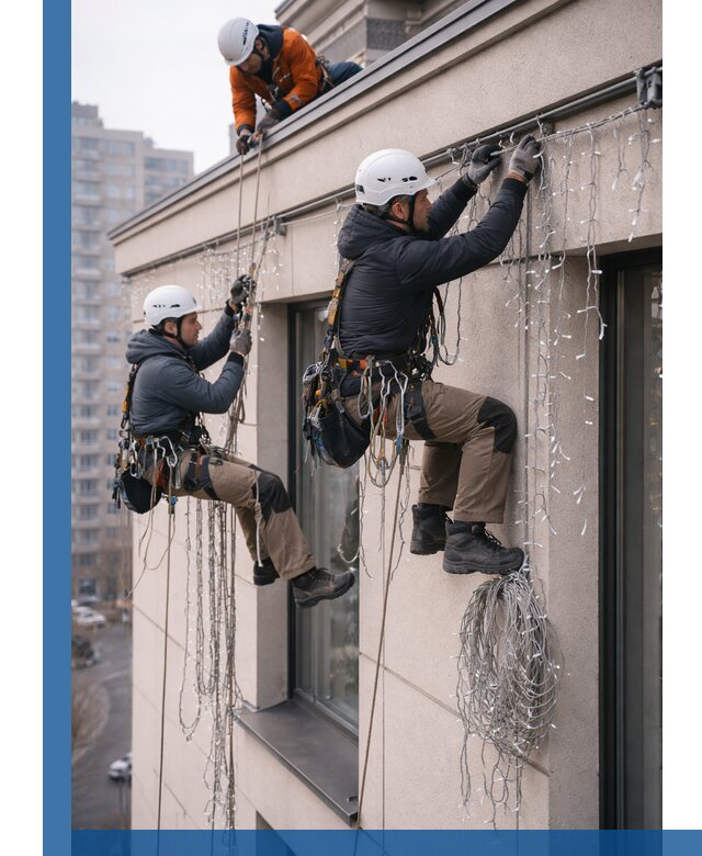 Монтаж праздничных гирлянд на фасаде в Москве для зданий