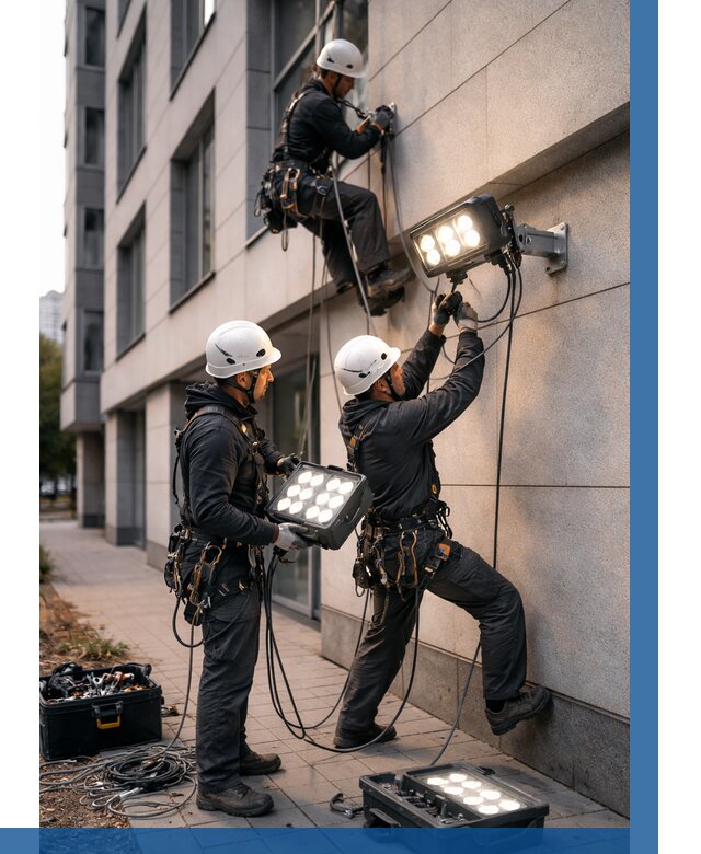 Монтаж прожекторов на фасаде в Москве от 7652 р. | ВЫСОТНИКМск