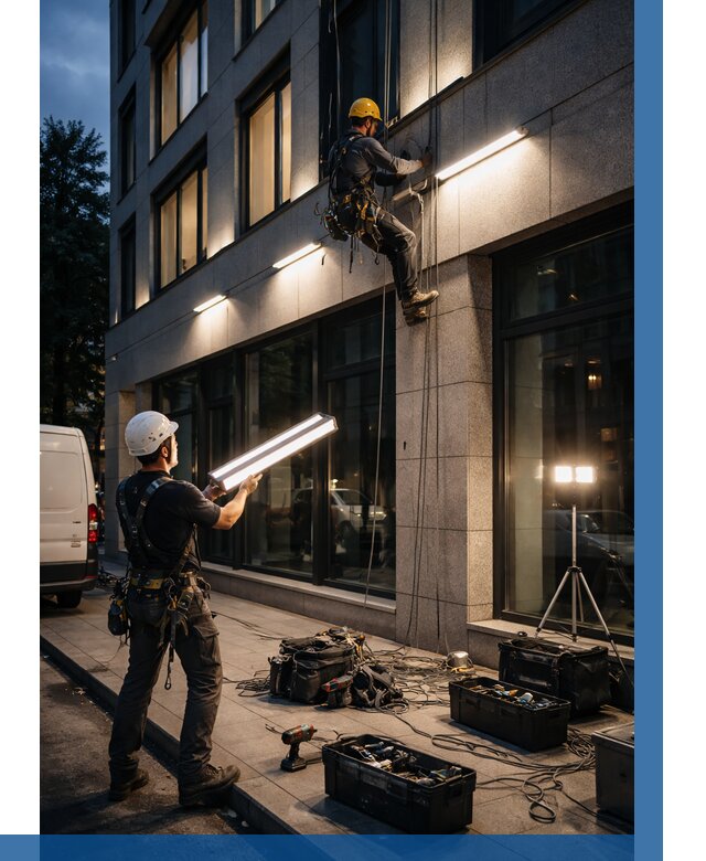 Монтаж архитектурной подсветки здания в Москве от 2551 р.|ВЫСОТНИКМск