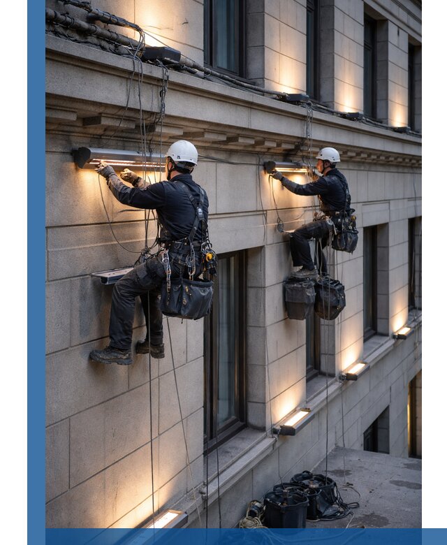 Монтаж архитектурной подсветки фасадов зданий в Москве