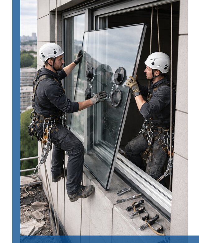 Замена стеклопакетов на высоте с промышленными альпинистами в Москве