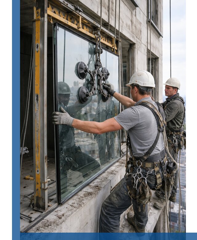 Монтаж стеклопакетов на высоте в Москве с промышленным альпинизмом