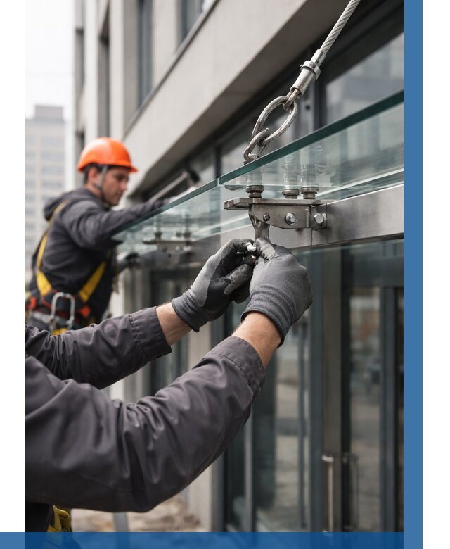 Монтаж стеклянных козырьков в Москве от 8672 р. | ВЫСОТНИКМск