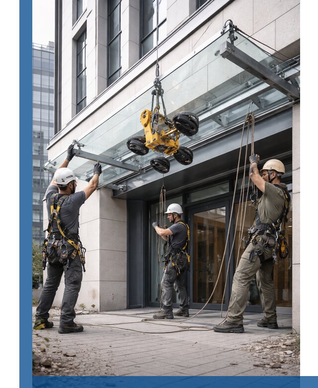 Монтаж стеклянных козырьков под ключ в Москве для зданий