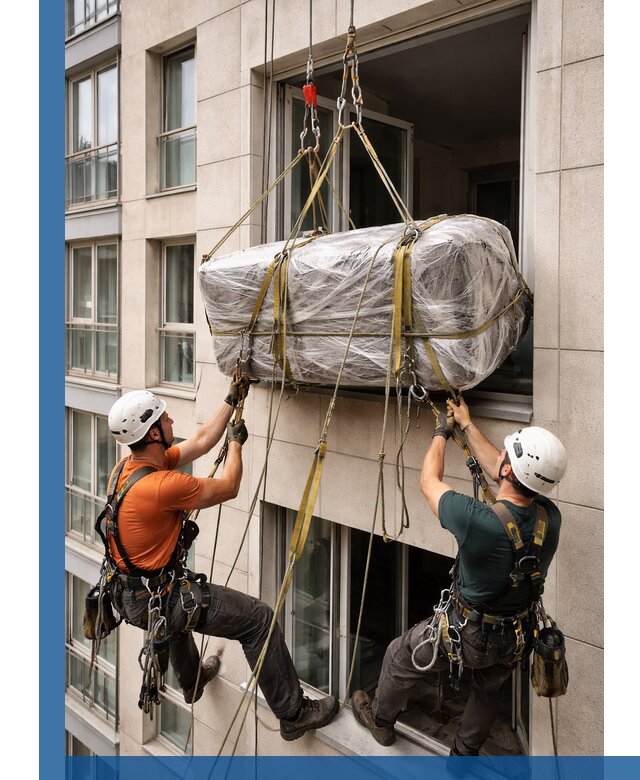 Подъем грузов через окно в Москве промышленными альпинистами