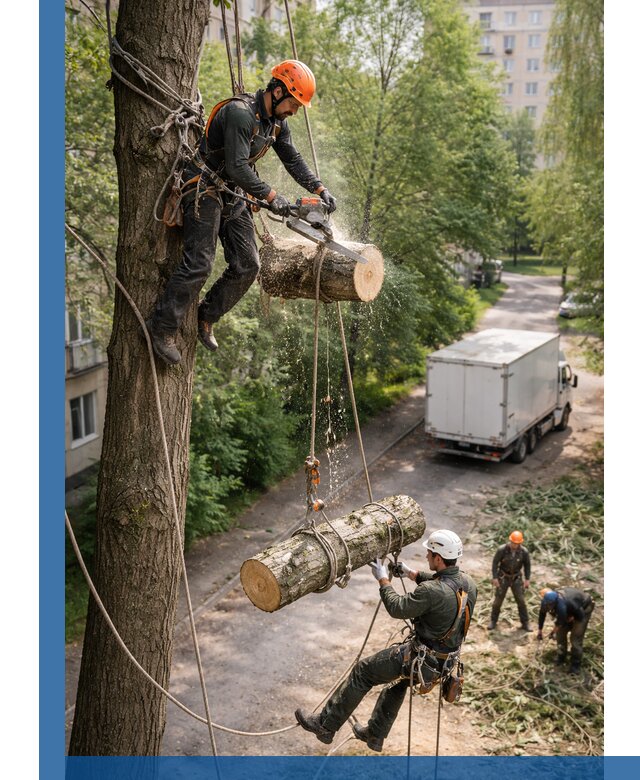 Спил деревьев альпинистами в Москве, безопасно и без повреждений