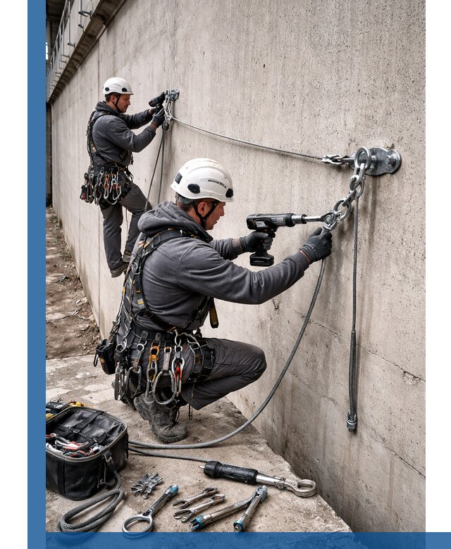 Монтаж анкерных линий высотной безопасности в Москве